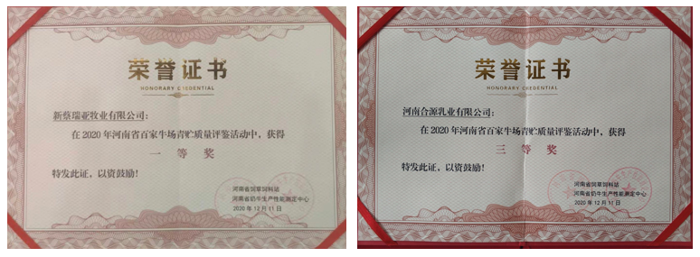 榮譽(yù) | “百家牛場(chǎng)青貯質(zhì)量評(píng)鑒活動(dòng)”花花牛新蔡瑞亞牧業(yè)、河南合源乳業(yè)分別榮獲一、三等獎(jiǎng)