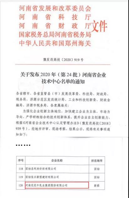 喜報 | 河南花花牛乳業(yè)集團企業(yè)技術(shù)中心被認定為 河南省企業(yè)技術(shù)中心